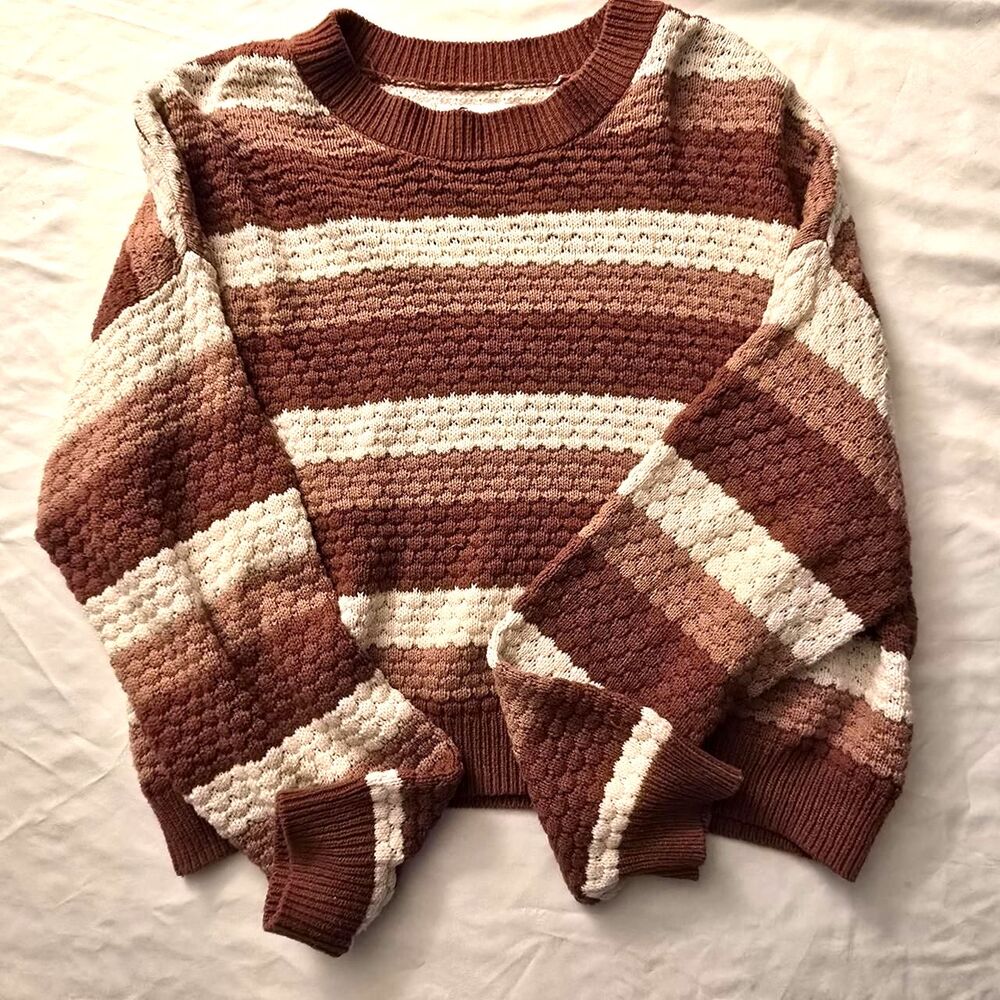 Hollister Striped Textured Knit Sweater Small Rust Brown Cream Crewneck